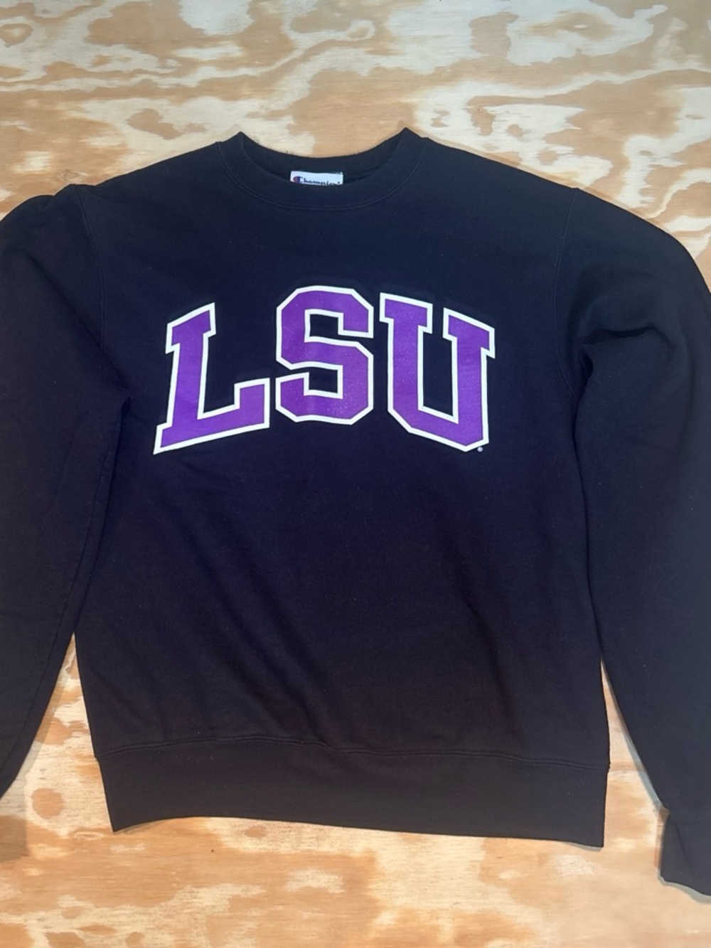 Champion Black Crewneck Sweatshirt with Purple LSU Lettering Size S
